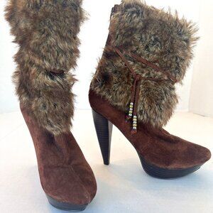 Two Lips Brown Suede & Faux Fur Platform Heels Size 6.5